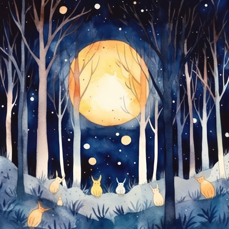 Watercolor illustration of a night forest with a full moon in the skyの素材