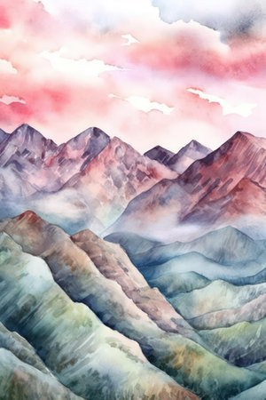 Watercolor illustration of mountains in the clouds. Landscape with mountains.の素材