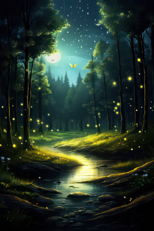 Mystical forest at night with moon and stars. Vector illustration.の素材
