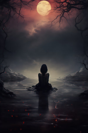 Silhouette of a woman sitting on a rock in the middle of a lake with a full moonの素材