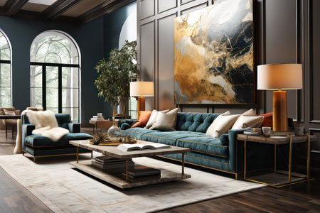 Interior of modern living room with blue sofa, coffee table, armchair and parquet floor. 3d renderの素材