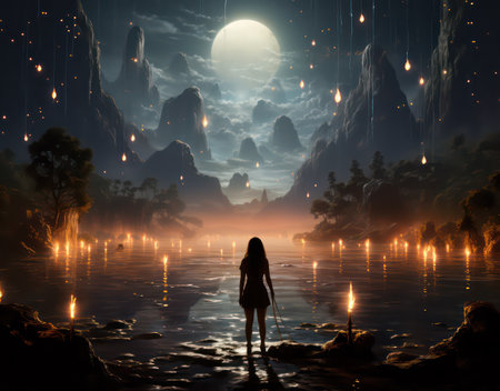 Fantasy landscape with a young woman standing in the middle of the water and looking at the moonの素材