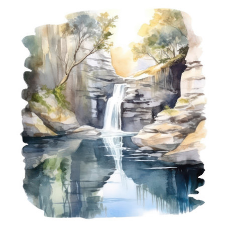 Watercolor illustration of a waterfall in the forest. Hand drawn watercolor illustration.の素材