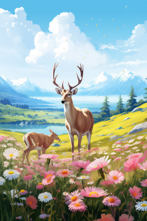 Wild deer in the meadow with flowers and mountains in the backgroundの素材