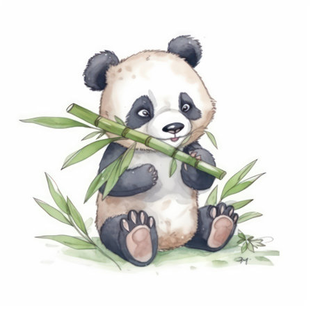 Cute panda holding bamboo. Hand drawn watercolor illustration.の素材