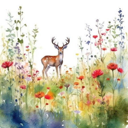Watercolor illustration of a wild deer in a meadow with flowersの素材
