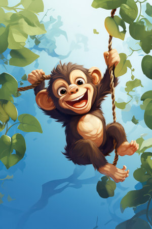cartoon monkey hanging on a rope in the jungle illustration for childrenの素材