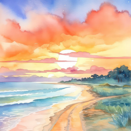 Sunset on the beach. Hand drawn watercolor illustration. Nature background.の素材