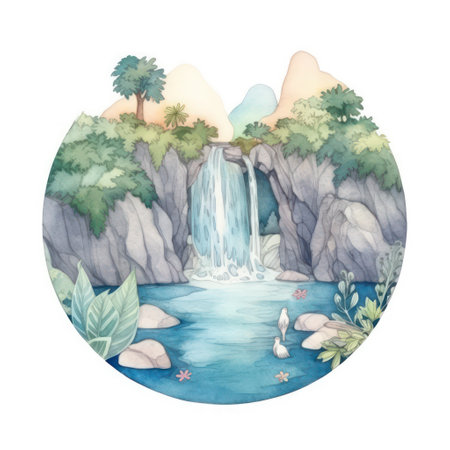 Watercolor illustration of a waterfall in the forest. Hand drawn watercolor illustrationの素材