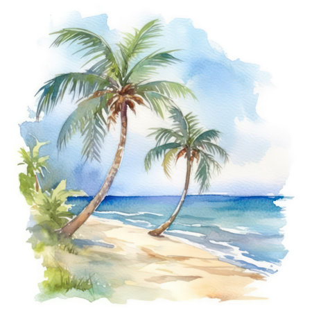 Palm trees on the beach. Watercolor hand drawn illustration.の素材