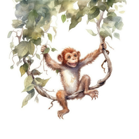 Watercolor monkey on tree branch. Hand painted illustration isolated on white backgroundの素材