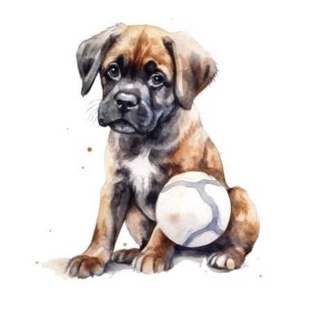 Puppy with a soccer ball. Hand drawn watercolor illustrationの素材