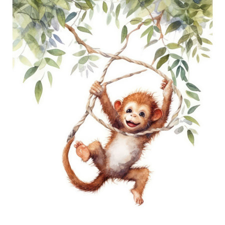 Watercolor monkey climbing a tree isolated on white background. Hand drawn illustrationの素材