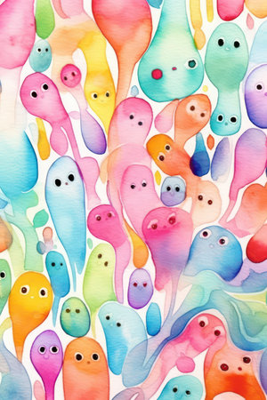 Seamless pattern with colorful cartoon ghosts. Watercolor illustration.の素材