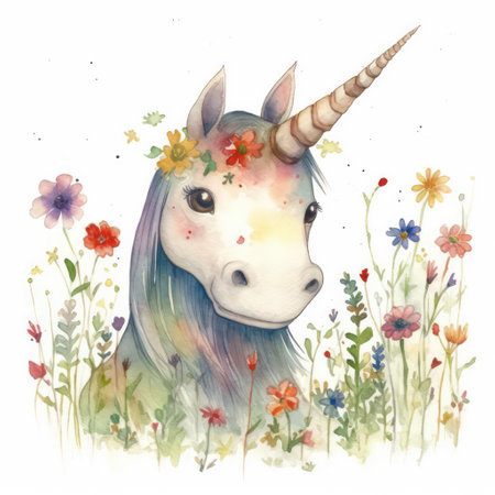 Watercolor unicorn with flowers and grass. Hand drawn illustration isolated on white backgroundの素材