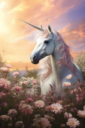 Unicorn in the meadow with flowers at sunset,3d renderの素材
