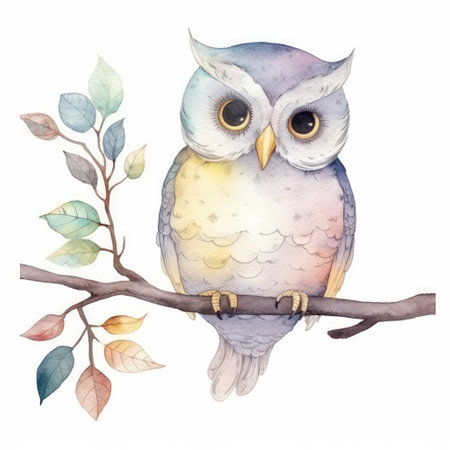 Watercolor owl on a branch isolated on white background. Hand drawn illustrationの素材