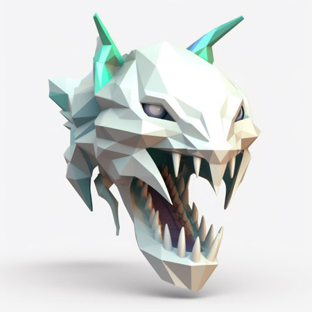 Polygonal unicorn head isolated on white background. 3D renderingの素材