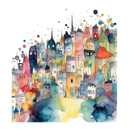 Hand drawn watercolor illustration of european city with colorful housesの素材
