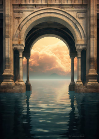 Beautiful sunset over a lake in an archway, 3d renderの素材