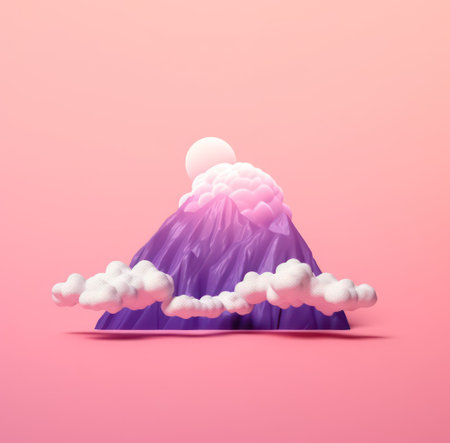 Volcano with clouds on pink background. 3d render illustration.の素材