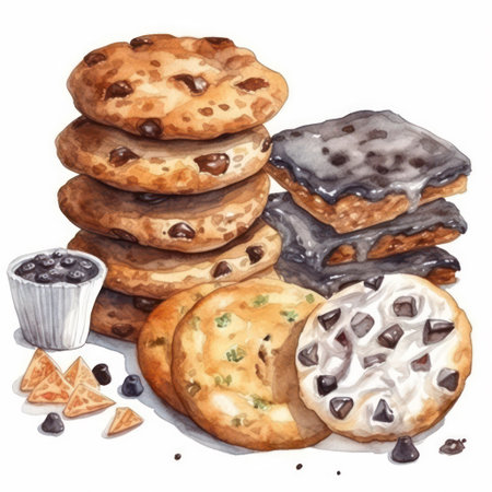 Hand drawn watercolor illustration of chocolate chip cookies and chocolate chips.の素材