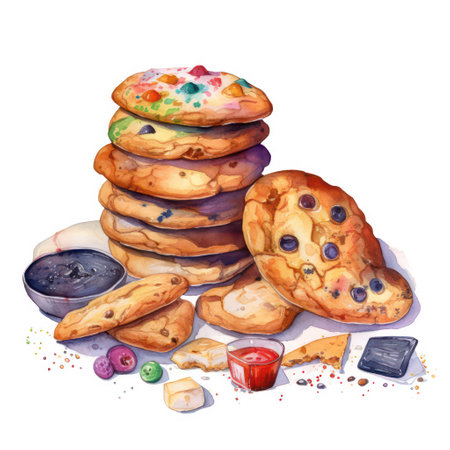Watercolor illustration of a stack of cookies with jam and blueberriesの素材
