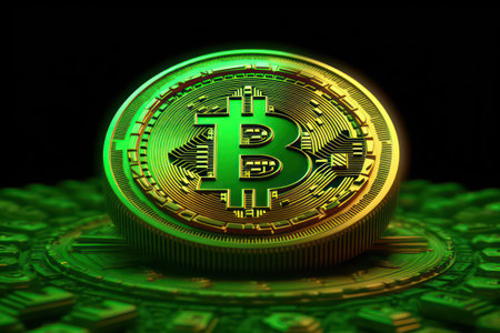 Golden bitcoin on green background. 3D illustration. 3D CG. High resolution.の素材