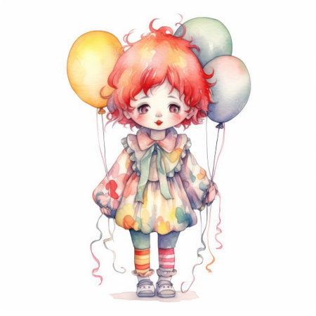 Cute girl with balloons. Watercolor illustration isolated on white background.の素材