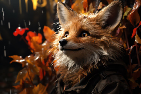 Portrait of a red fox in autumn leaves on a dark backgroundの素材