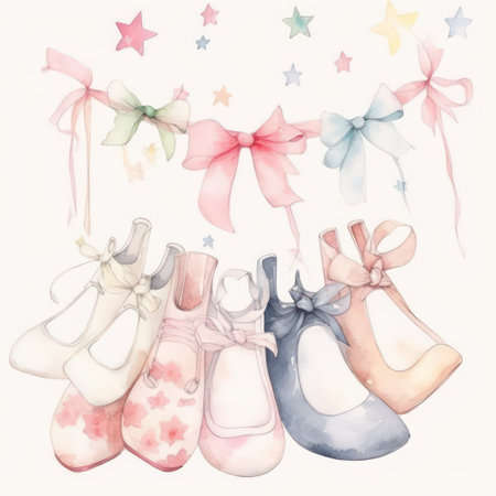 Watercolor illustration of baby shoes with bows and ribbons on white backgroundの素材