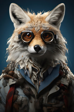 Portrait of a fox with aviator goggles on a blue backgroundの素材