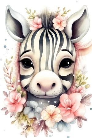 Watercolor portrait of a zebra with flowers. Vector illustration.の素材
