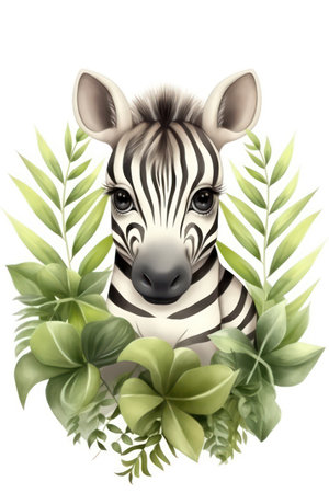 Zebra in a wreath of green leaves. Vector illustration.の素材