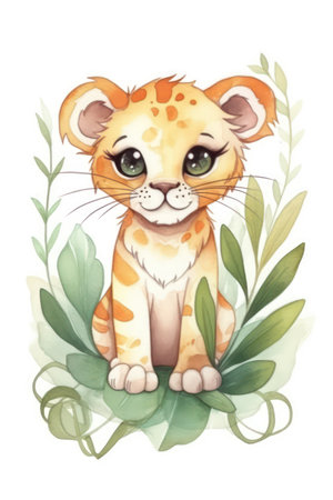 Cute cartoon leopard with green leaves isolated on white background.の素材