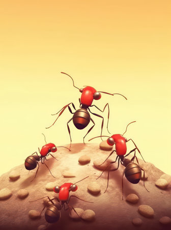 Ants on a stone with a yellow background. 3d renderの素材