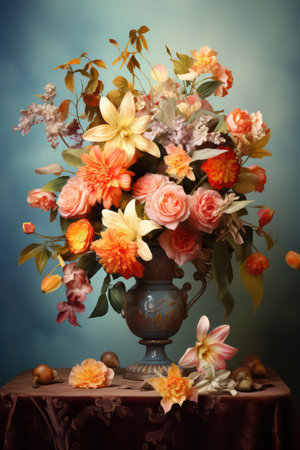 Bouquet of flowers in a vase on a wooden tableの素材