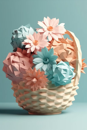 Paper flowers in a basket on a blue background. 3d renderingの素材