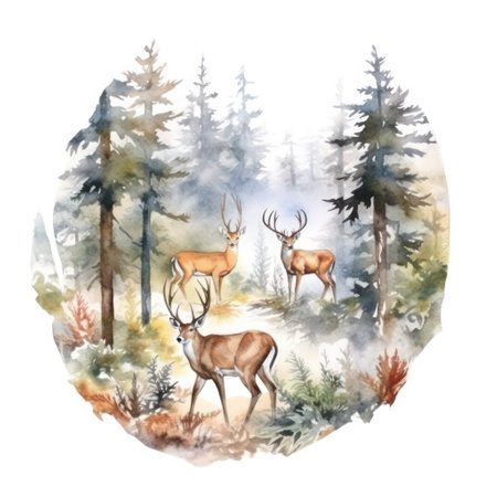Watercolor deer in the forest. Hand painted illustration on white backgroundの素材