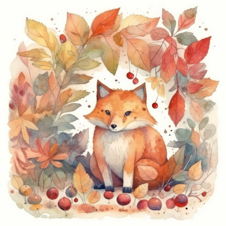 Cute fox with autumn leaves. Watercolor hand drawn illustration.の素材