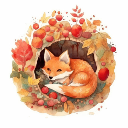 Cute fox in a wreath of autumn leaves, watercolor illustrationの素材