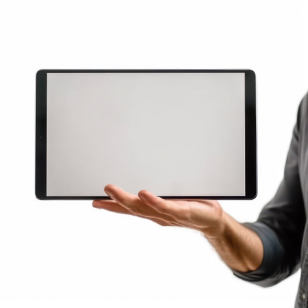 Businessman holding a tablet computer with blank screen isolated on white backgroundの素材