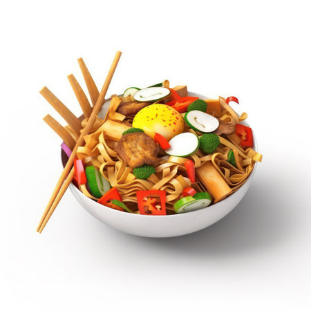 Noodles with vegetables and mushrooms in a bowl on a white backgroundの素材