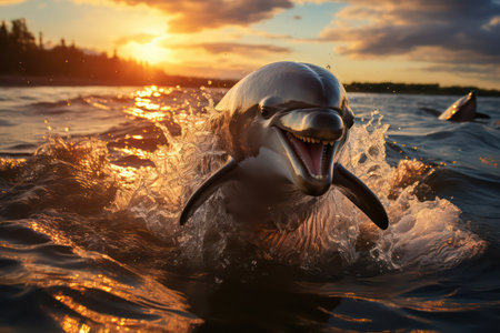 Beautiful dolphin splashes out of the water in the sunset light.の素材