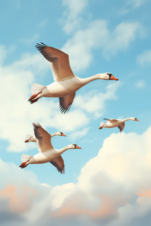 Three swans flying in the sky. 3d render illustration.の素材