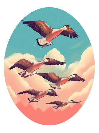 Flamingos flying in the sky. Vector illustration in retro styleの素材