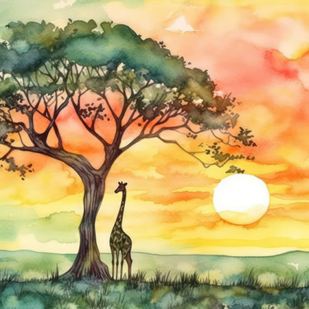 Watercolor illustration of a giraffe in the savanna at sunsetの素材