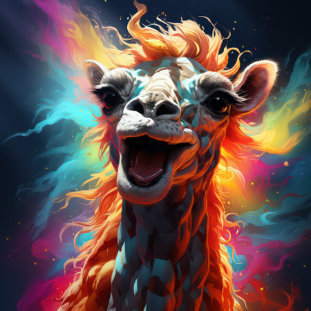 Fantasy giraffe with colorful smoke and fire effect, digital illustrationの素材