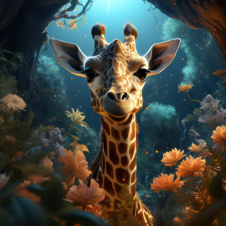 Giraffe in a cave in the jungle. 3d renderingの素材