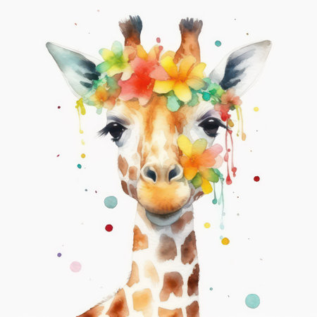 Watercolor portrait of a giraffe with flowers and leaves on a white backgroundの素材